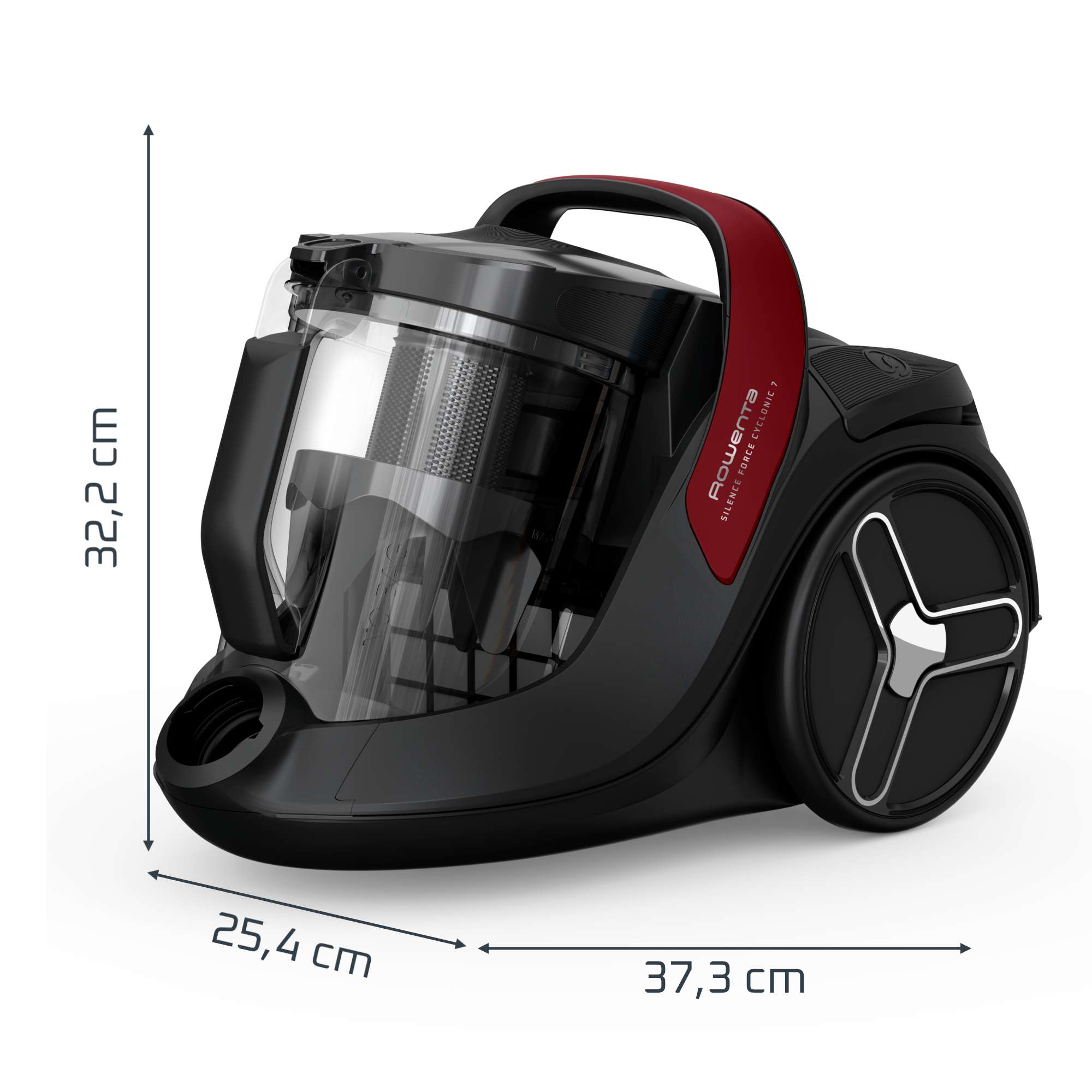 Fekete és piros Rowenta porszívó méretekkel: 32,2 cm magasság, 25,4 cm szélesség, 37,3 cm hosszúság.