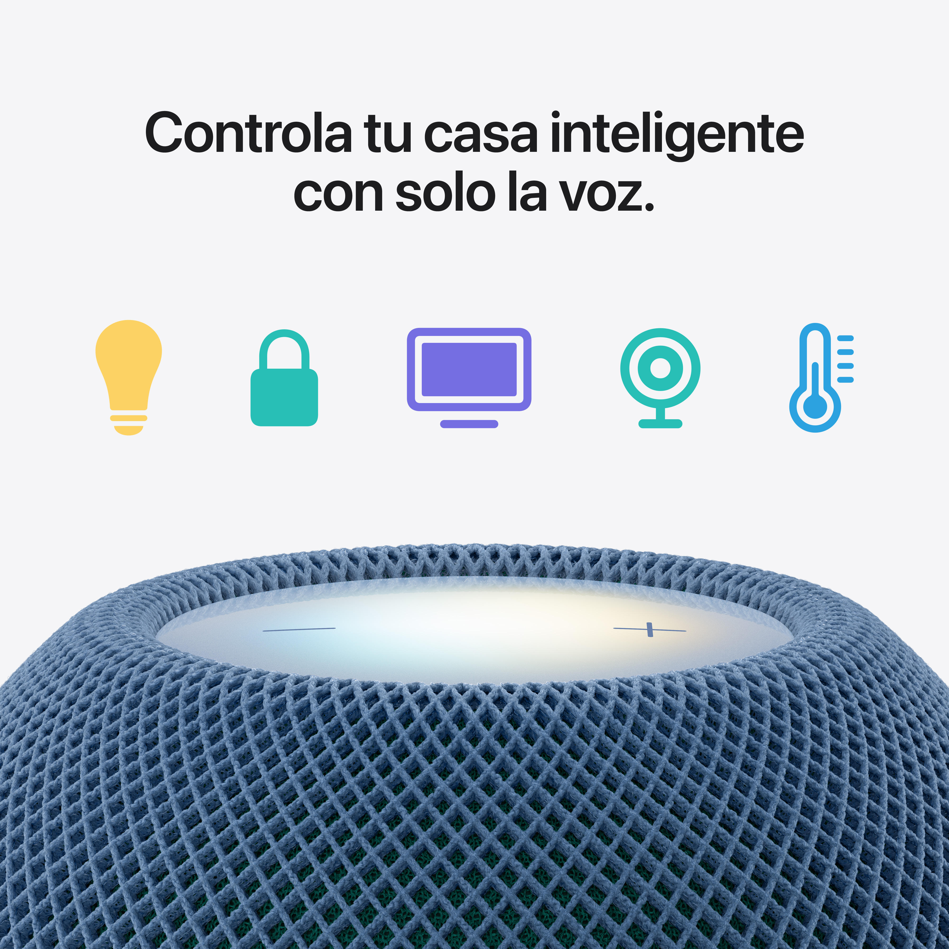 Altavoz inteligente azul con iconos de luz, cerradura, pantalla, cámara y termostato.