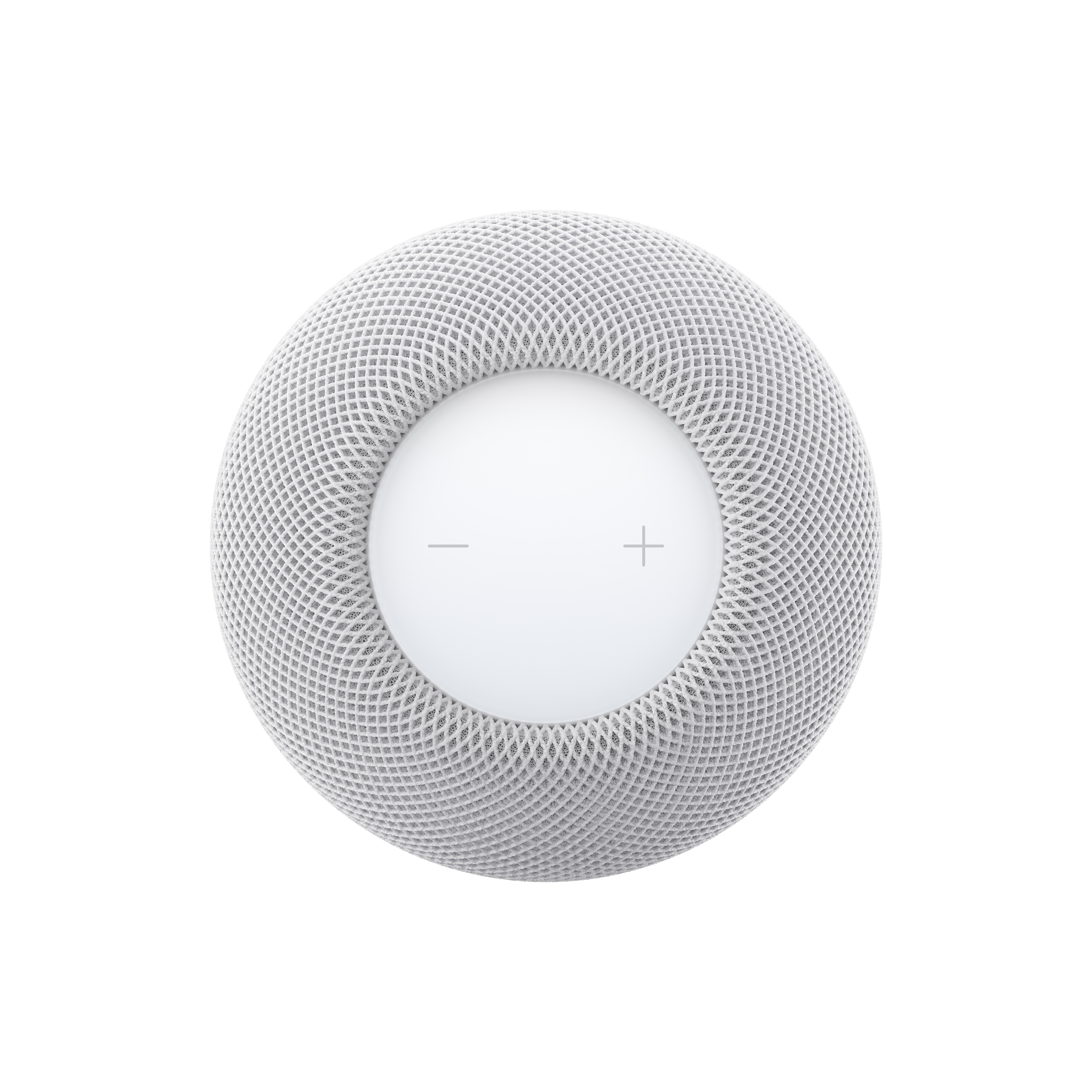 Un altavoz inteligente redondo y blanco con malla de tela texturizada y un panel de control táctil superior sobre fondo blanco.