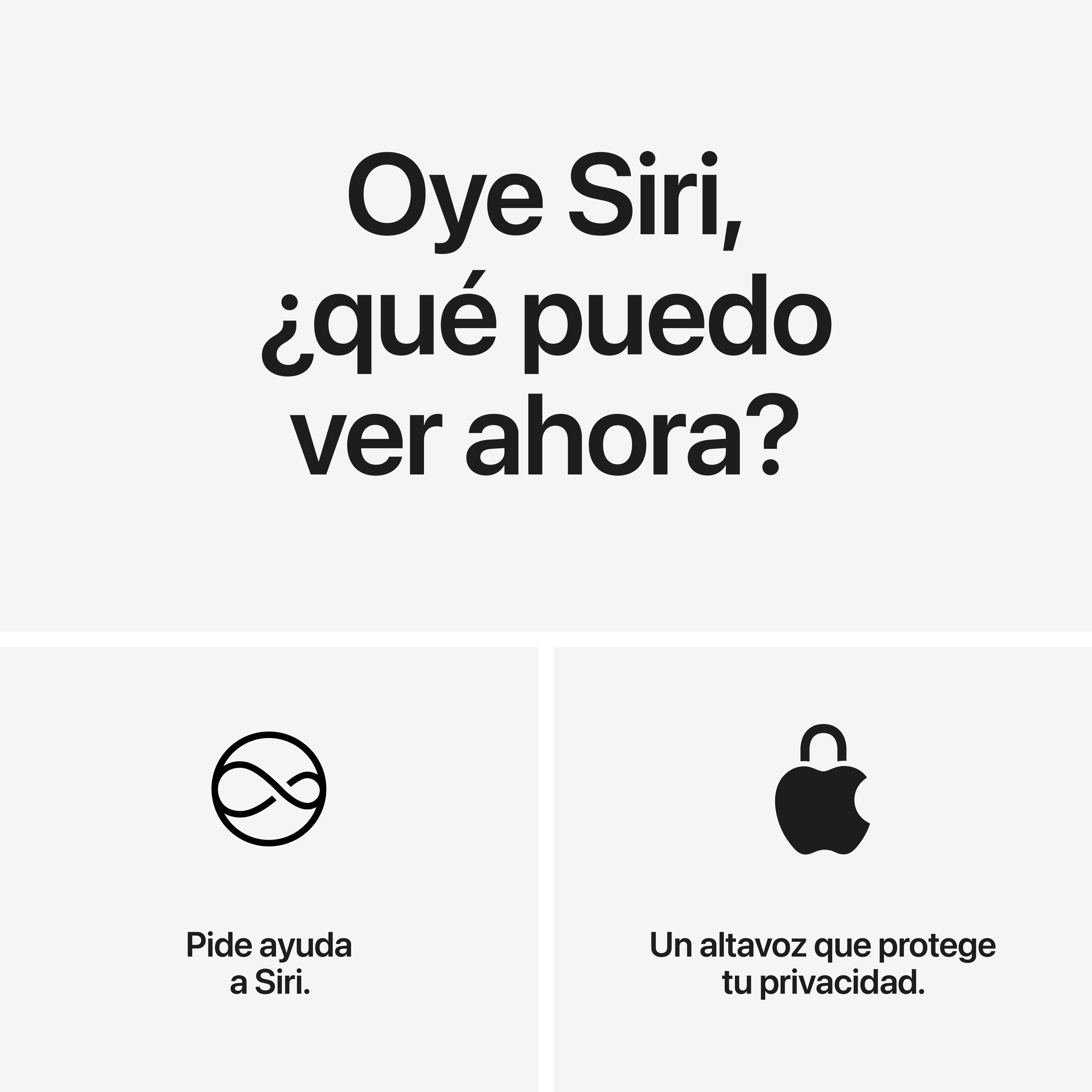 Texto en español pregunta a Siri qué ver, mostrando iconos de ayuda de Siri y un altavoz Apple seguro.