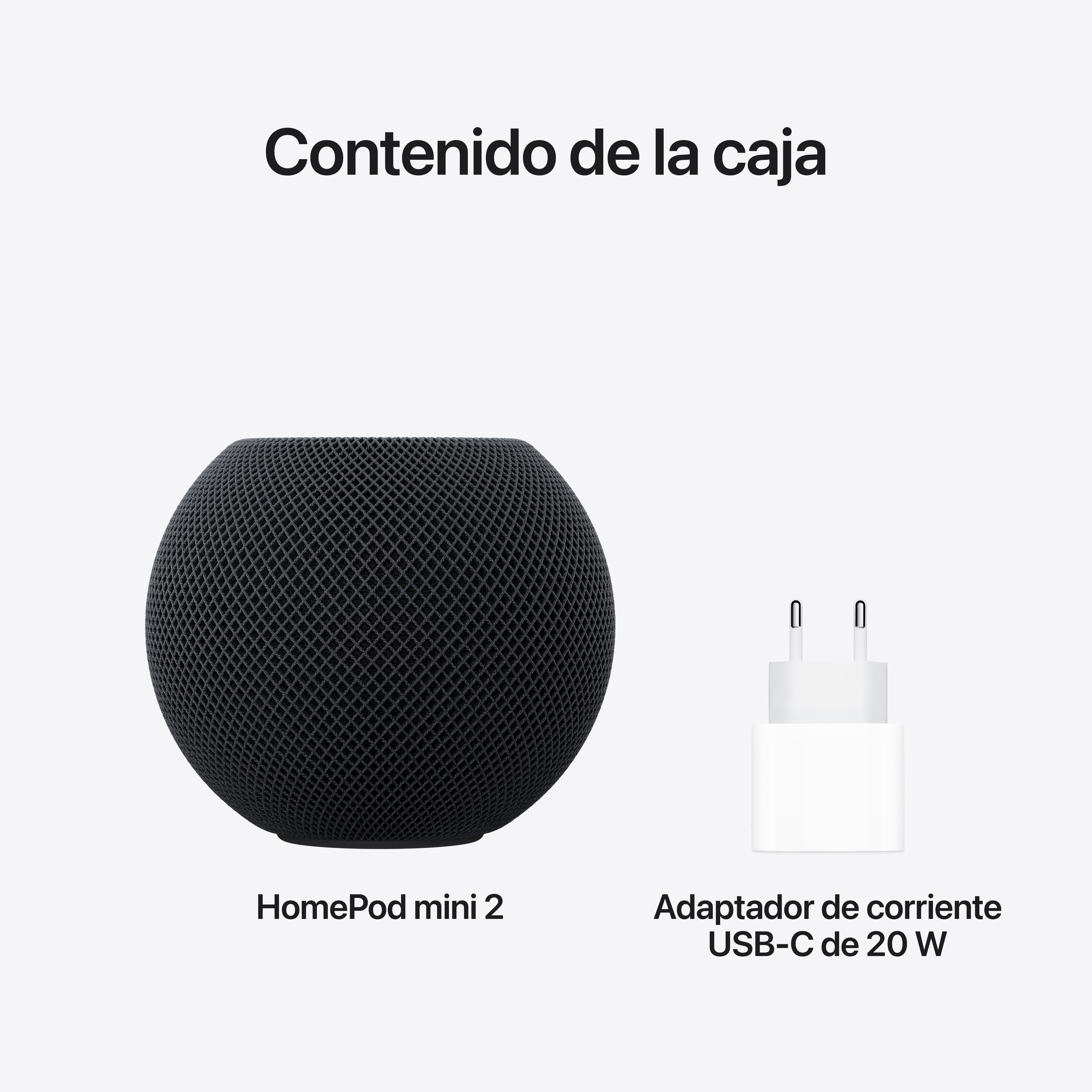 HomePod mini negro y adaptador de corriente USB-C de 20W blanco sobre fondo blanco.