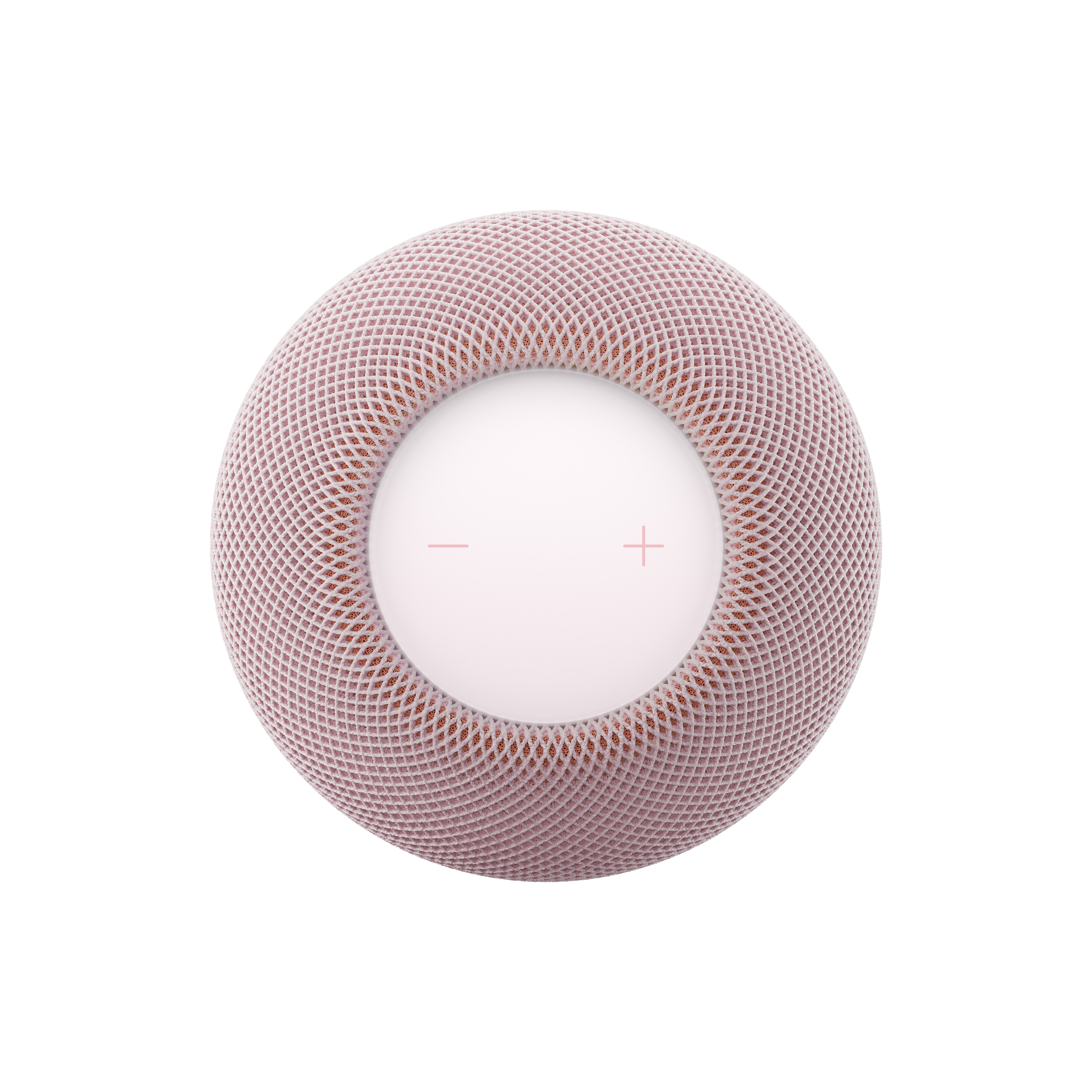 Vista superior de un altavoz inteligente redondo y rosa con textura de malla tejida y superficie táctil con signos más y menos.