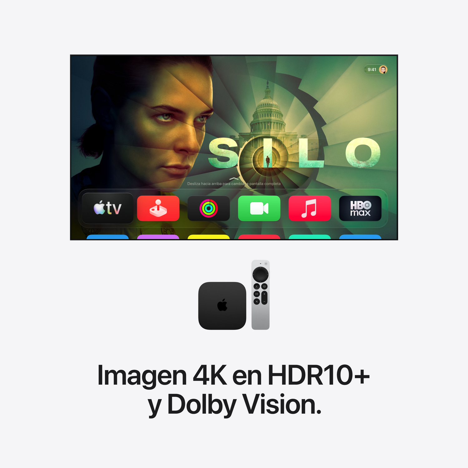 Dispositivo Apple TV 4K, control remoto y pantalla con interfaz de la app.