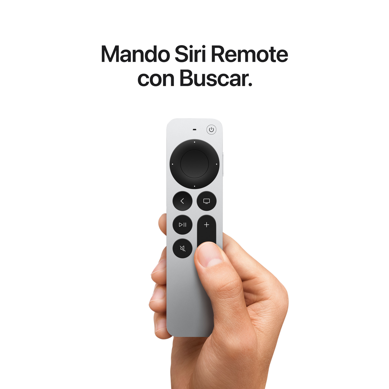 Mano sosteniendo el Siri Remote plateado de Apple con texto.