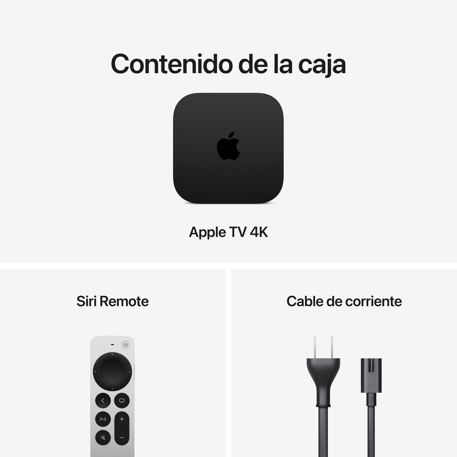 Contenido de la caja de Apple TV 4K con Apple TV 4K, Siri Remote y cable de alimentación.