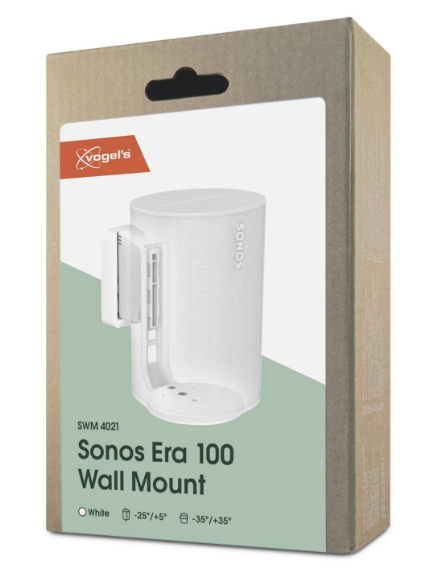 Karton für eine weiße Vogel's Sonos Era 100 Wandhalterung mit Produktabbildung und Details.