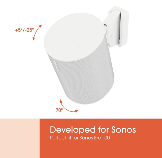 Weißer Sonos Era 100 Lautsprecher an einer Wandhalterung mit Neigungs- und Schwenkoptionen.