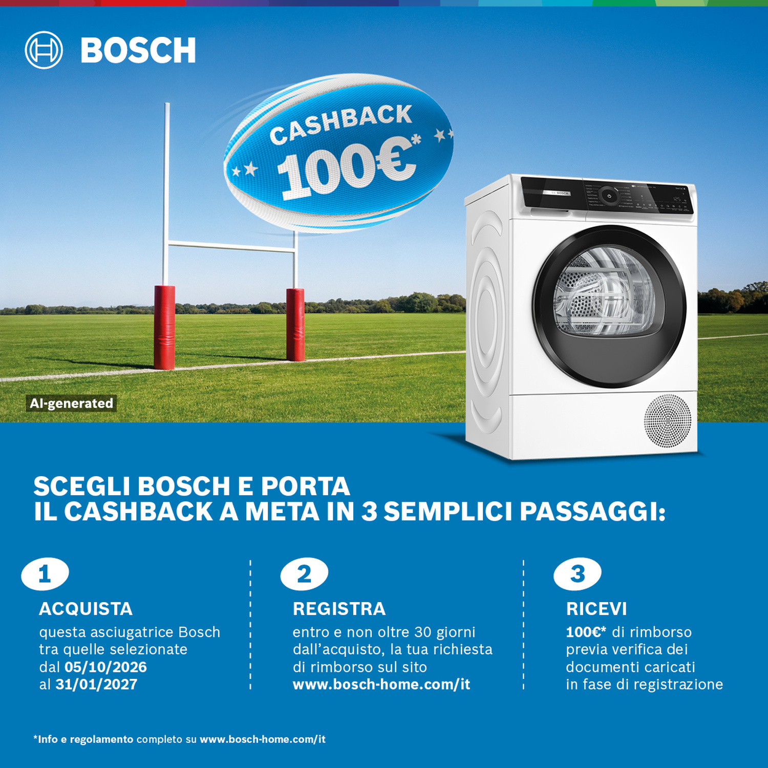 Asciugatrice Bosch su campo in erba con promozione cashback.