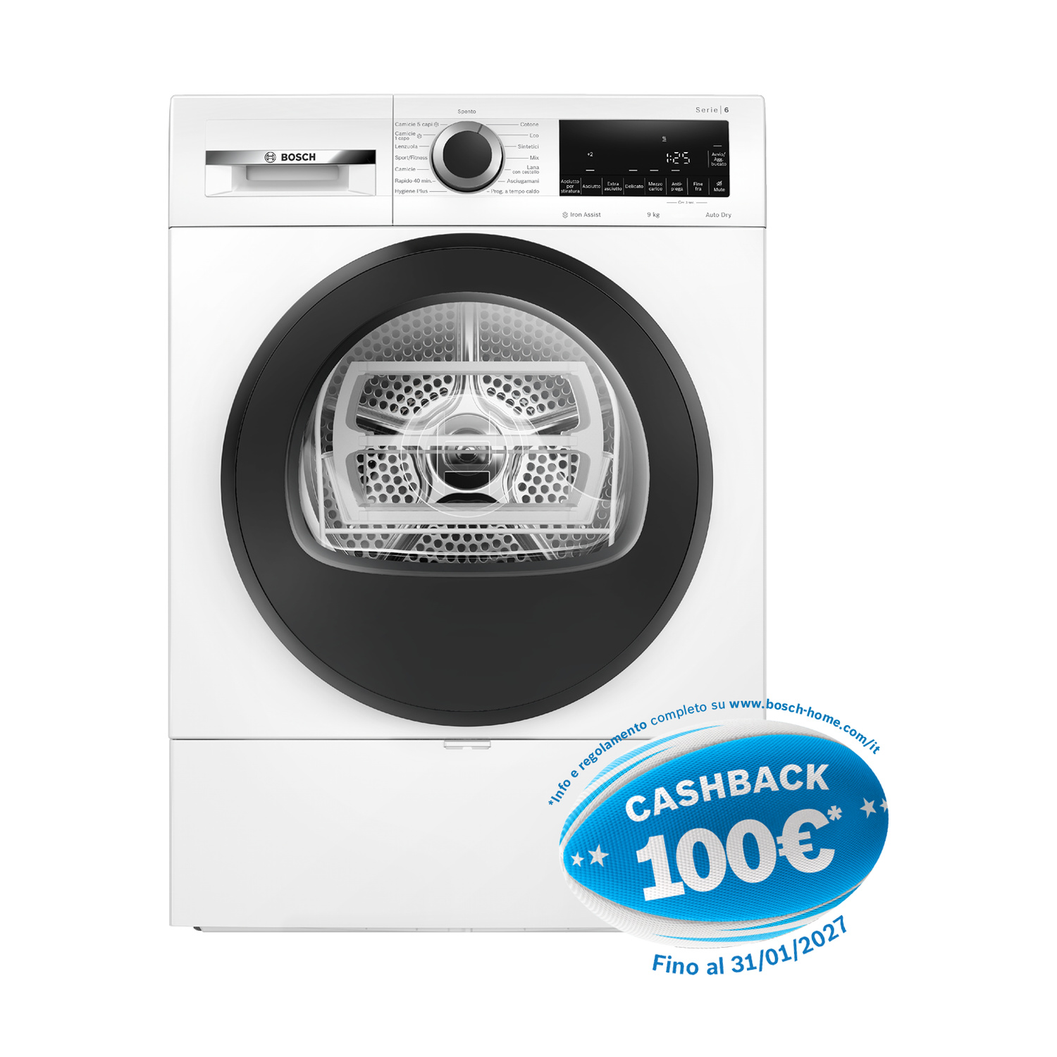 Asciugatrice bianca Bosch Serie 6 con oblò in vetro nero e adesivo cashback da 100€.