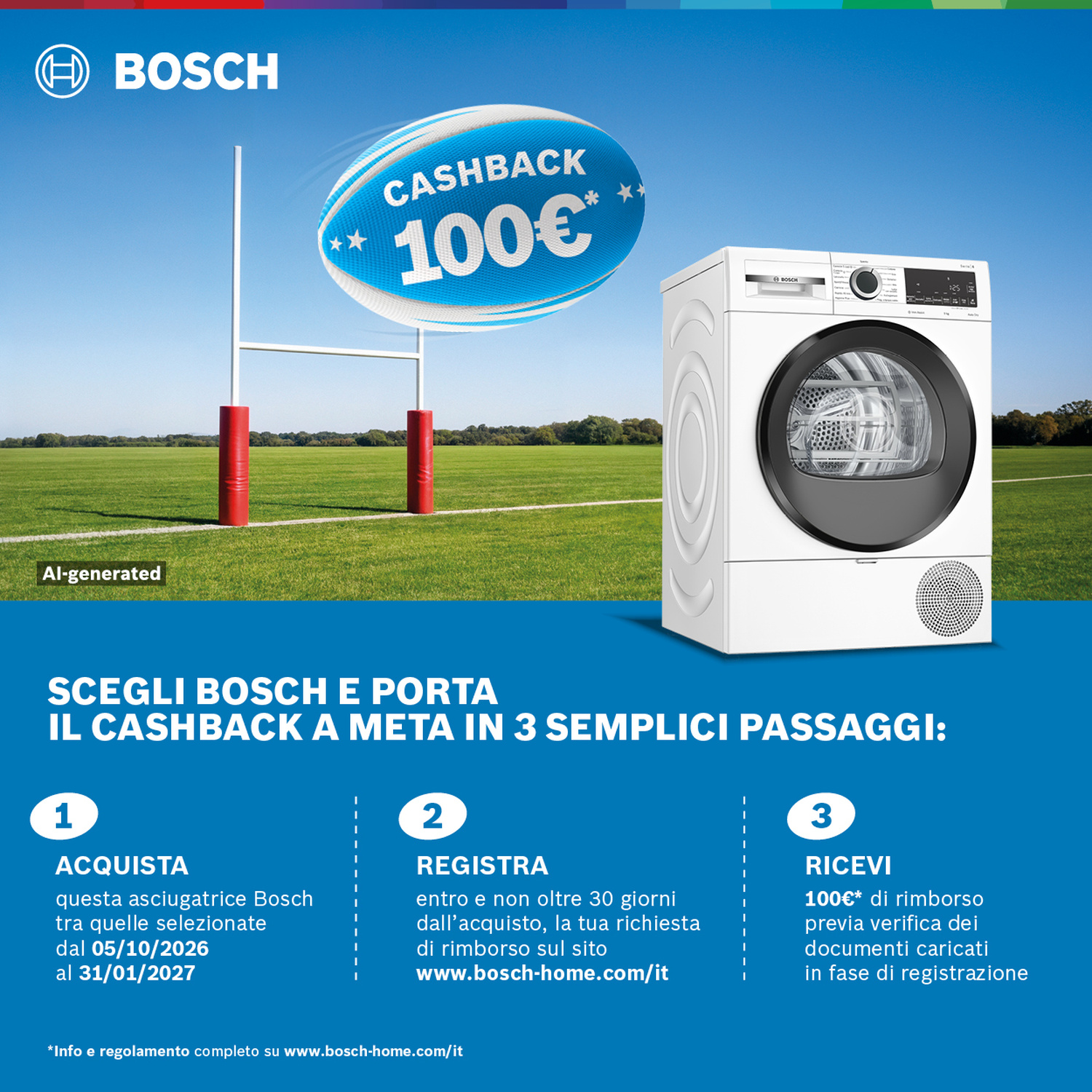 Pubblicità Bosch per 100€ di rimborso su un'asciugatrice, con sfondo di un campo verde e pali da rugby.
