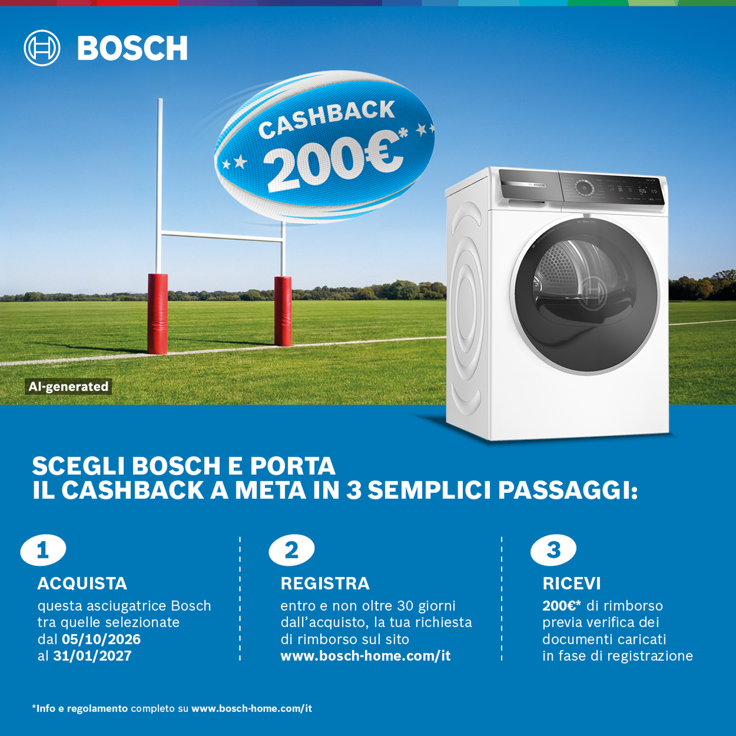 Promozione asciugatrice Bosch con porta da rugby e offerta cashback di 200 euro.