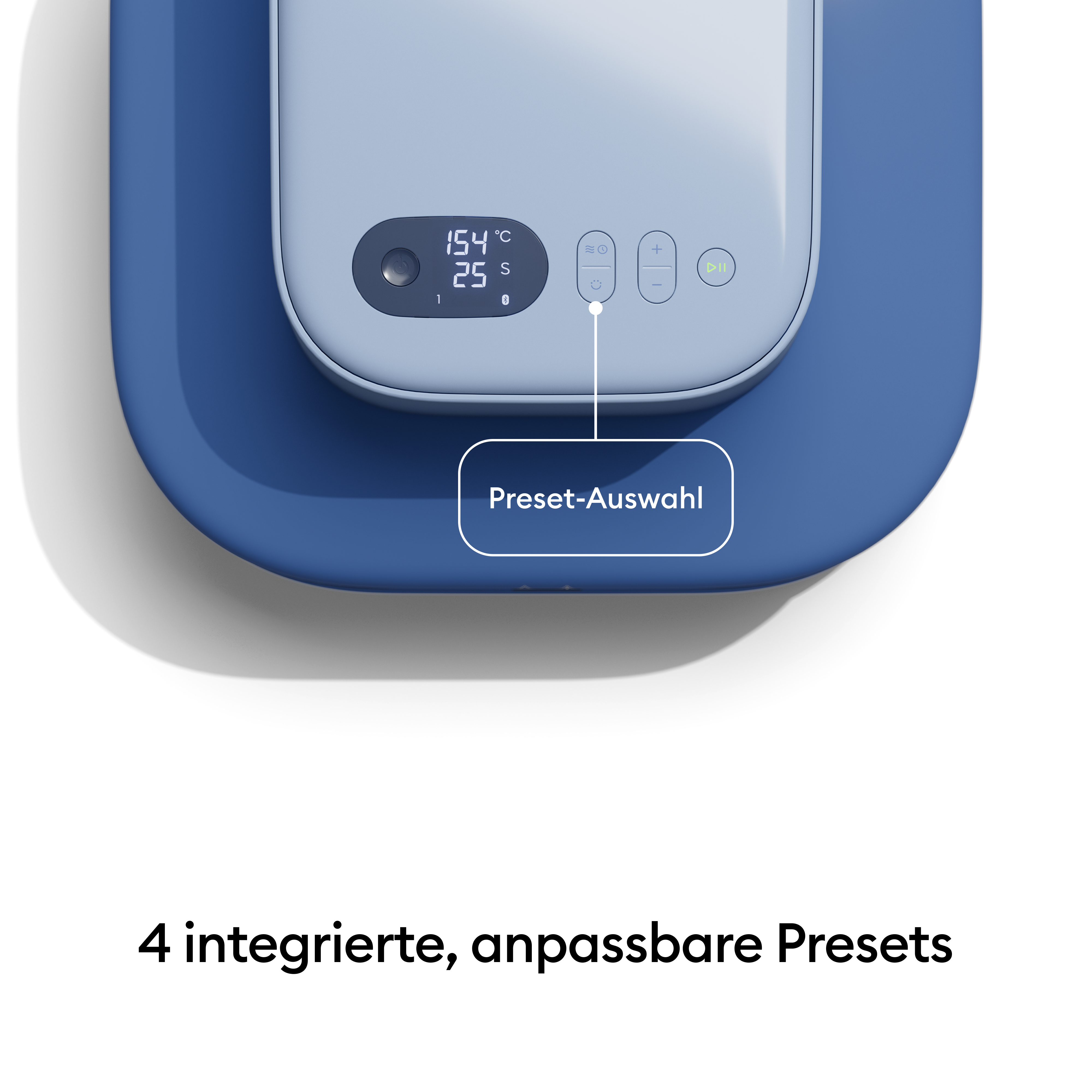 Blaue Konsole mit Display, Knöpfen und der Beschriftung 4 integrierte, anpassbare Presets darunter.