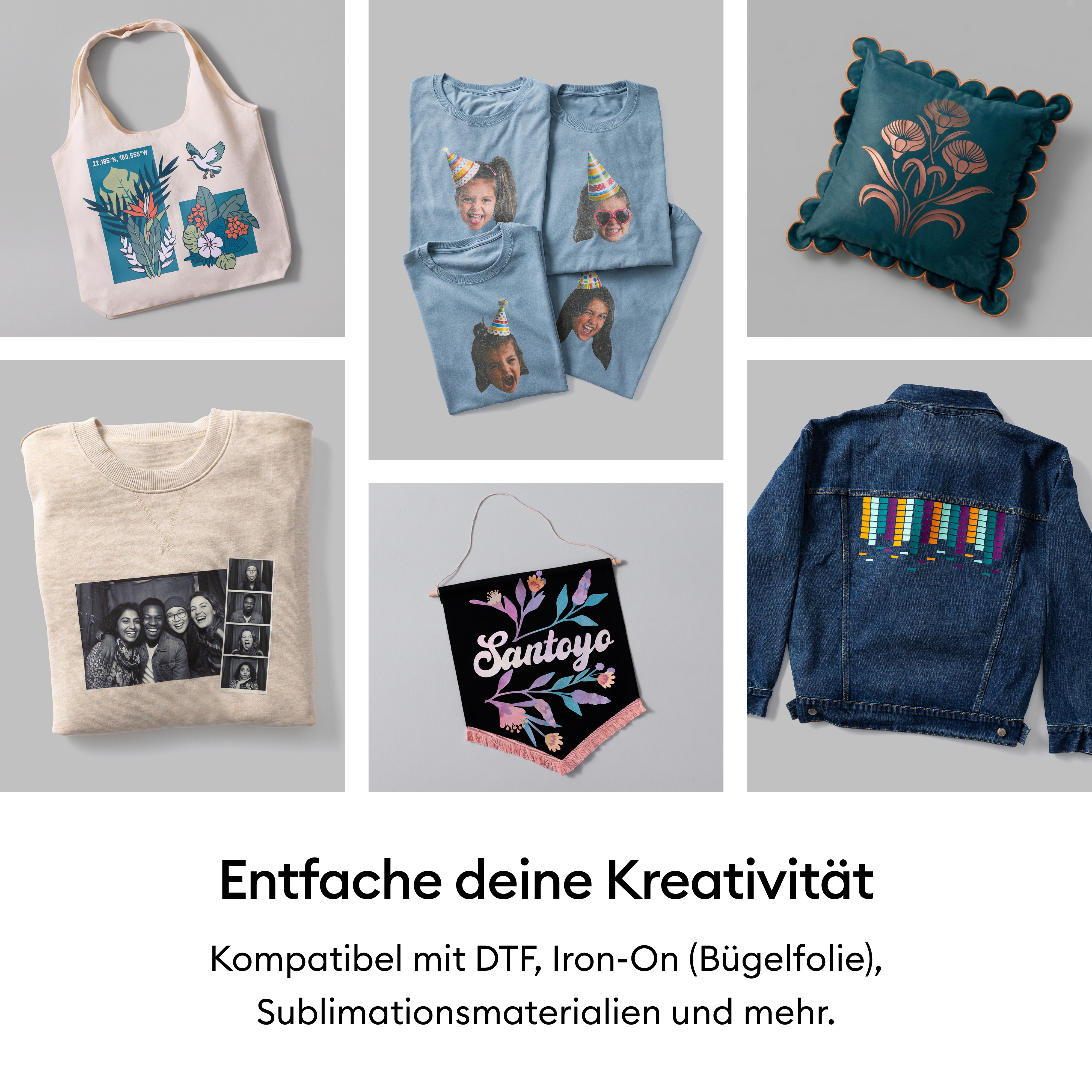 Eine Collage mit personalisierten Artikeln wie Stofftasche, Shirts, Kissen, Jeansjacke und Banner mit Aufdrucken.