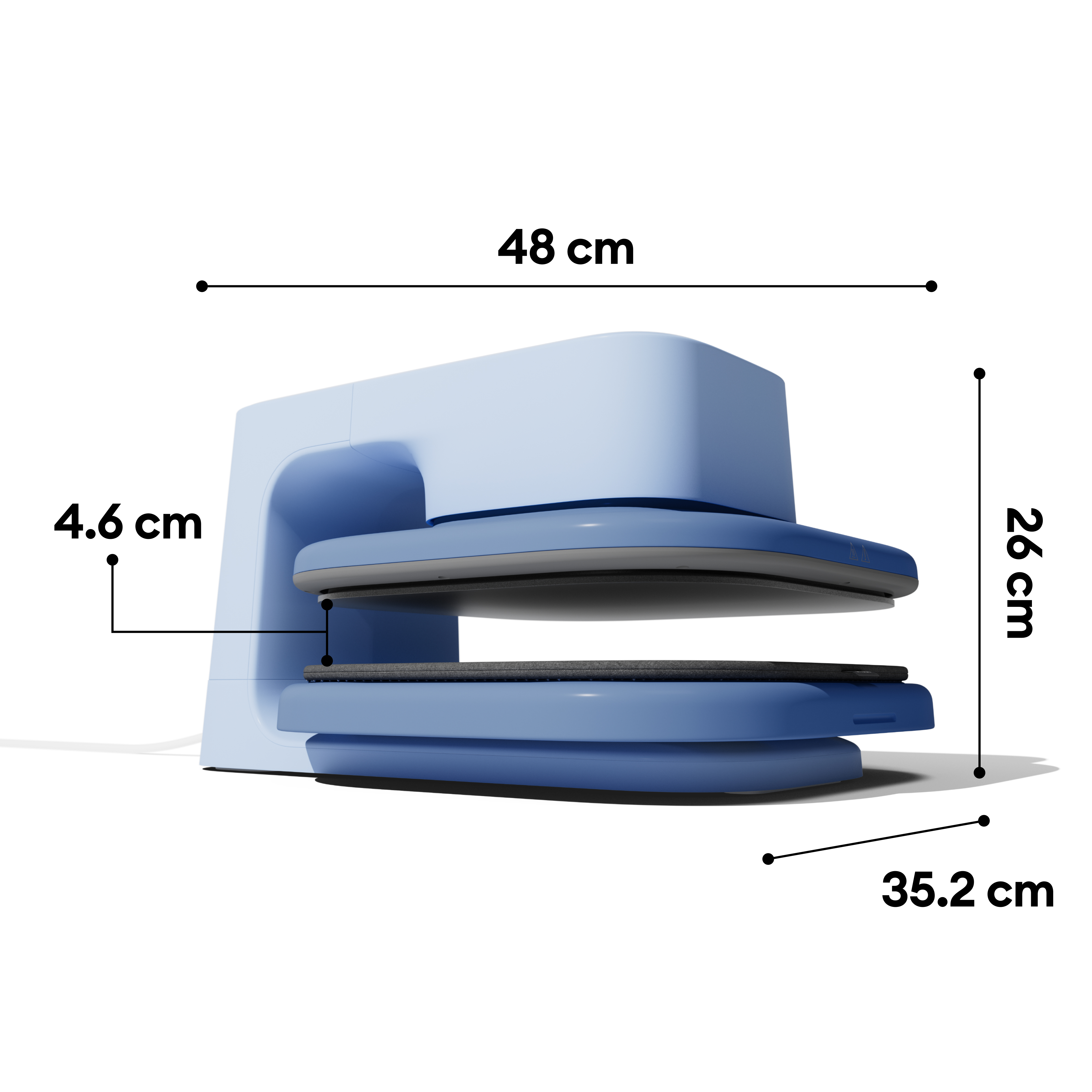 Blaue Heißpresse mit Maßen: 48 cm Breite, 26 cm Höhe, 35,2 cm Tiefe und 4,6 cm Öffnung.