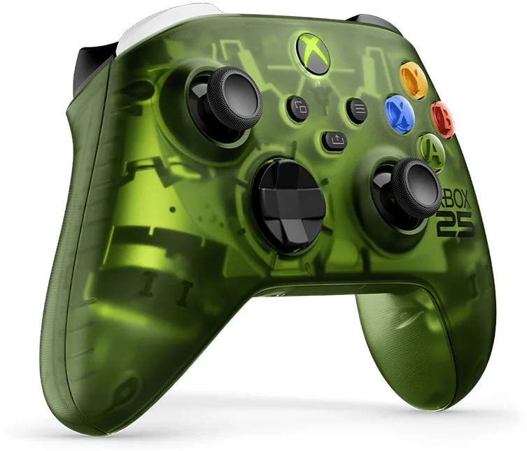 Átlátszó zöld Xbox kontroller fekete analóg karokkal és színes gombokkal fehér háttér előtt.