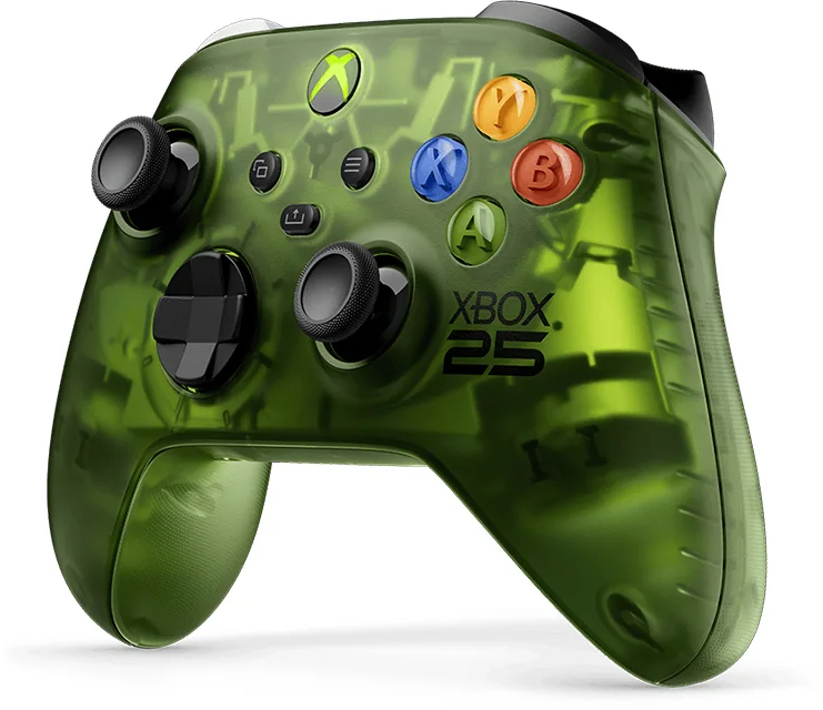 Áttetsző zöld Xbox kontroller fekete gombokkal és az Xbox 25 logóval.