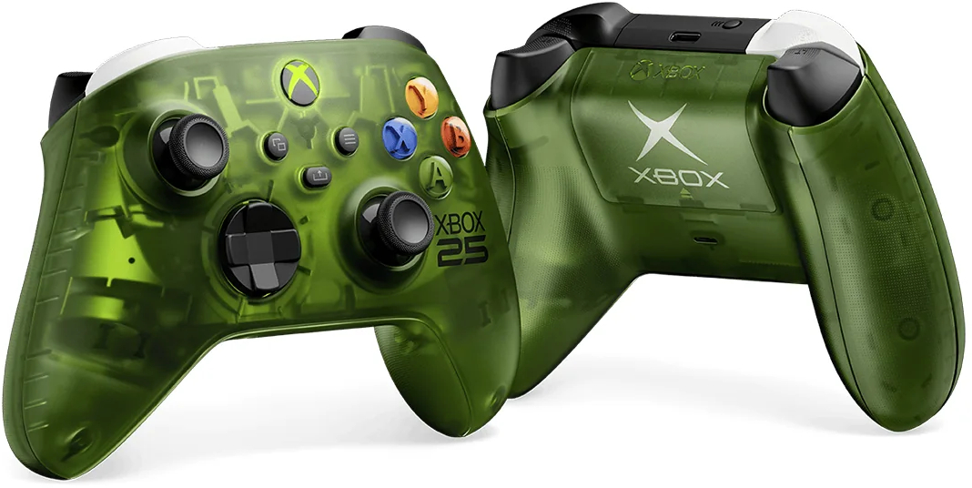 Áttetsző zöld Xbox kontroller elölről és hátulról.