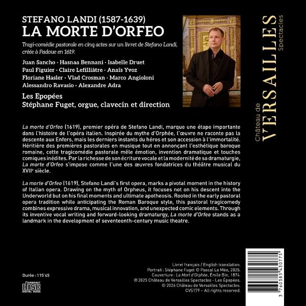 CD-Cover für 'La Morte d'Orfeo' von Stefano Landi, mit Text und einem Porträt von Stéphane Fuget.