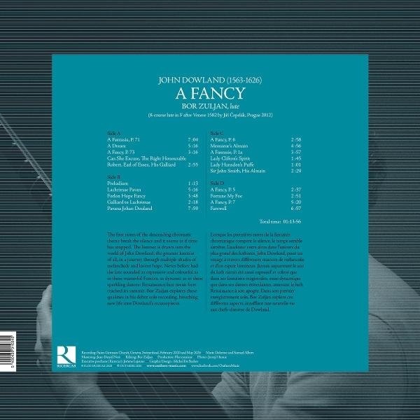 Albumrückseite mit Titelliste für John Dowlands A Fancy, gespielt von Bor Zuljan auf der Laute.