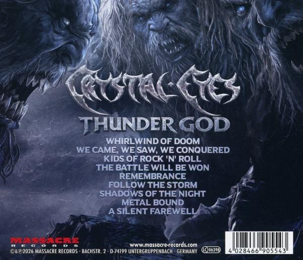 Albumrückseite mit blauem Monster, Bandlogo, Titel Thunder God und Titelliste.