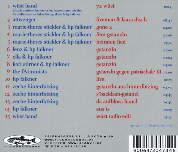 Rückseite einer CD mit blauer und roter Schrift auf grauem Hintergrund, inklusive Titelliste und Barcode.