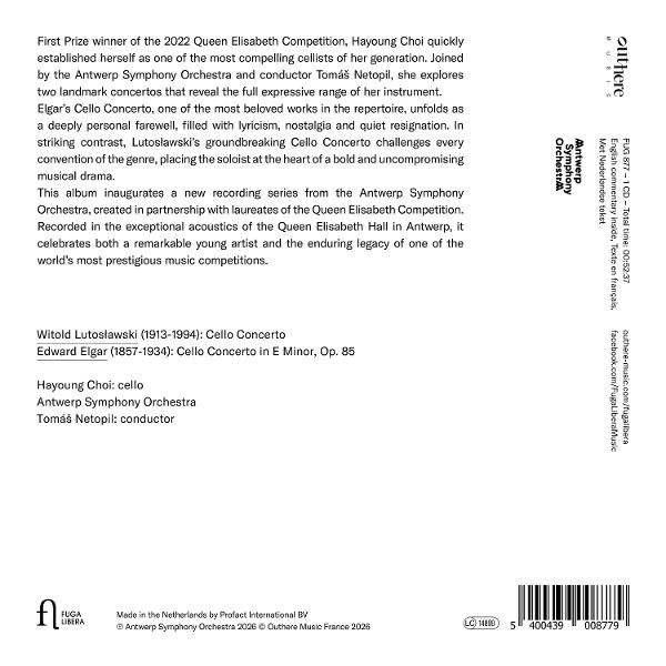 CD-Rückseite mit Text über Elgar und Lutoslawski, aufgeführt von Hayoung Choi und dem Antwerp Symphony Orchestra.