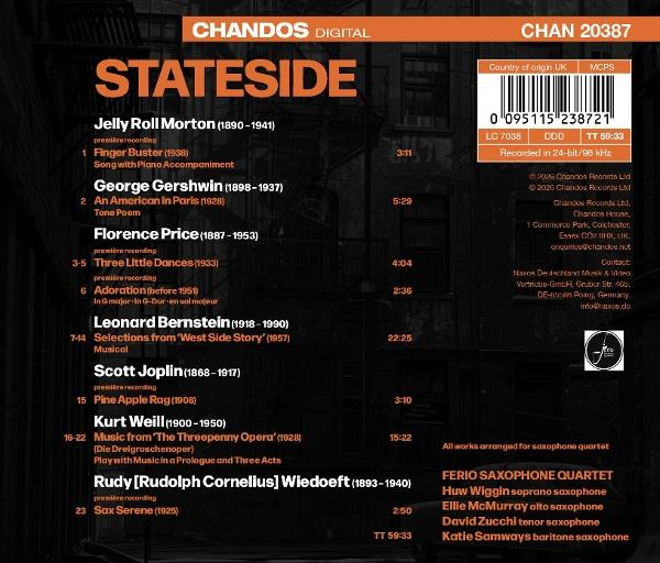 CD-Rückseite mit Tracklist, Barcode und den Namen von Komponisten wie Gershwin und Joplin vor dunklem Hintergrund.