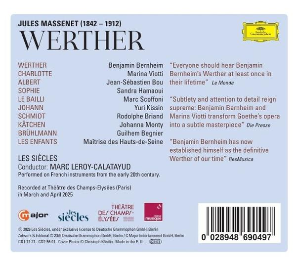 Rückseite des CD-Covers mit Besetzungsliste, Dirigent und Rezensionen für Jules Massenets Werther.