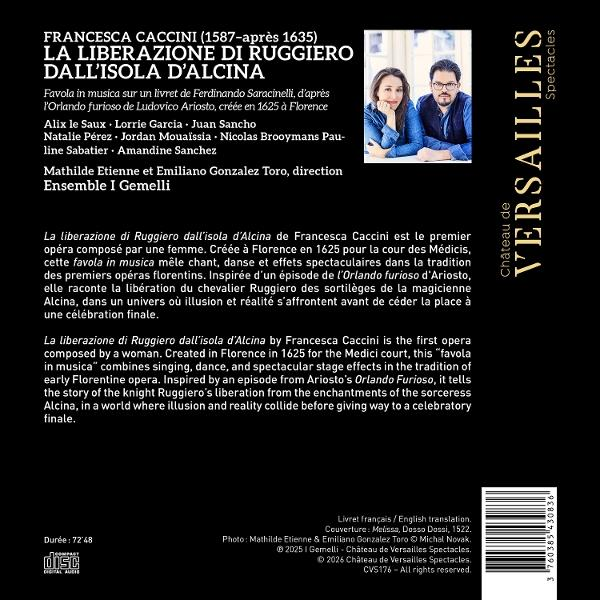 Schwarzes CD-Cover für Francesca Caccinis Oper mit weißem Text, Künstlerinbild und Barcode.
