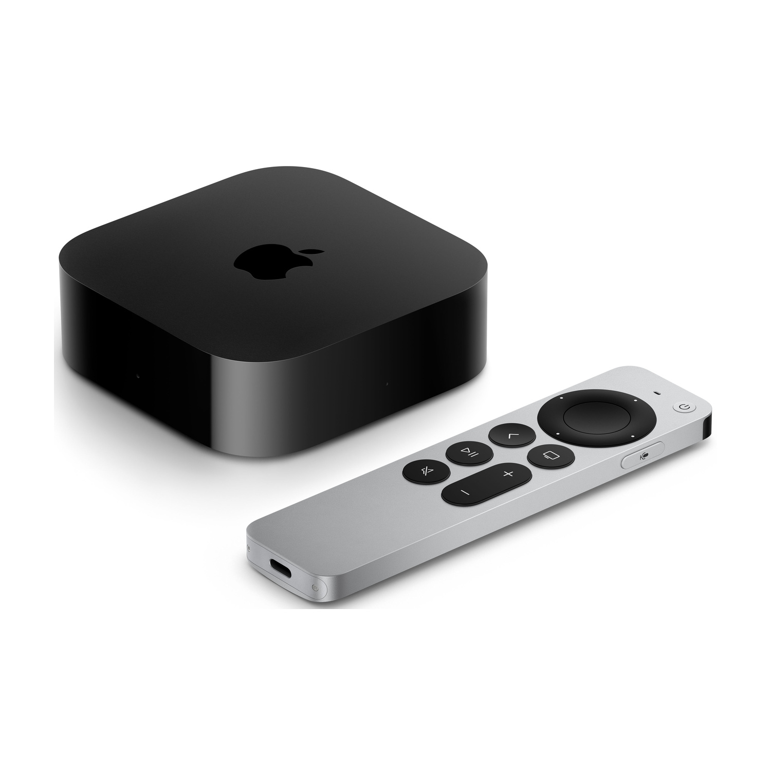 Un lettore multimediale Apple TV nero e un telecomando argento con tasti neri su sfondo bianco.