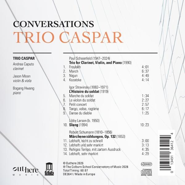 Rückseite einer Musik-CD mit Trackliste für Trio Caspar, darunter Stücke von Schoenfeld und Stravinsky.
