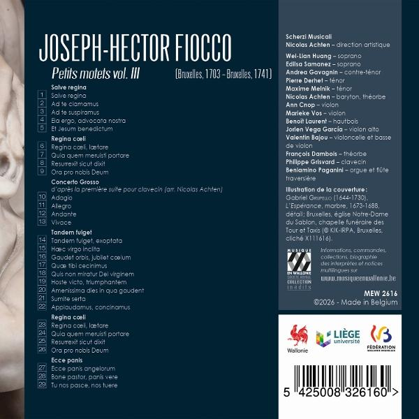 CD-Rückseite mit Joseph-Hector Fiocco Petits motets vol. III Tracklist, Interpreten und Barcode auf blauem Grund.