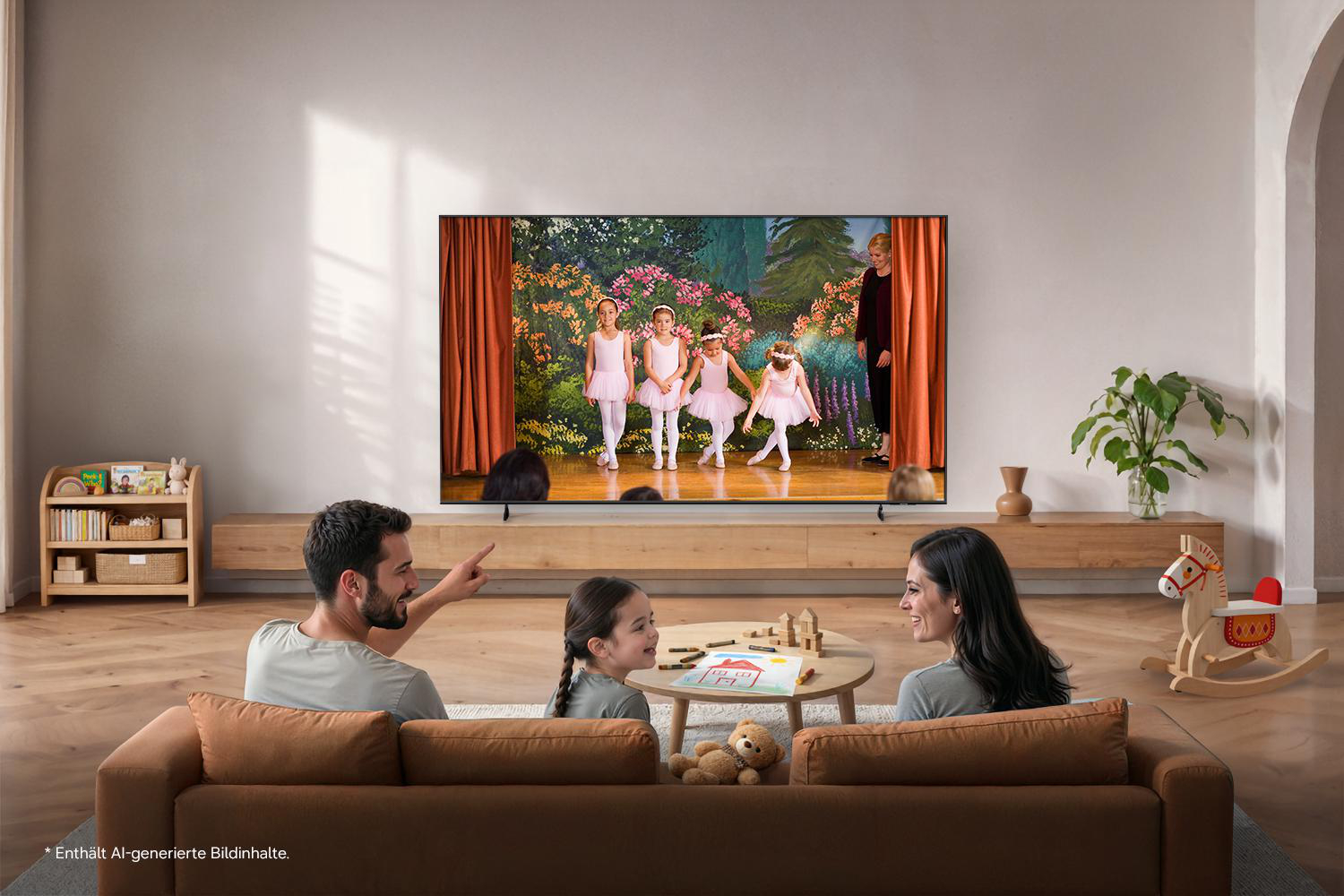 Eine Familie sitzt im Wohnzimmer auf einem Sofa und schaut gemeinsam auf einen großen Fernseher.