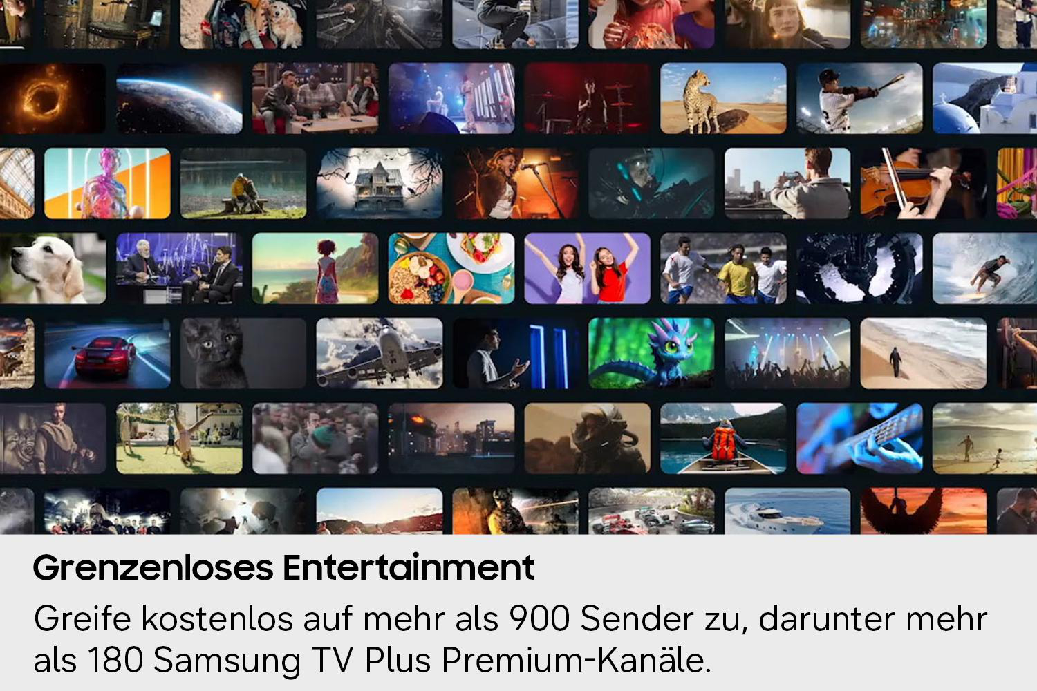 Eine Collage von Videothumbnails mit Unterhaltungssendungen und Text zu Samsung TV Plus.