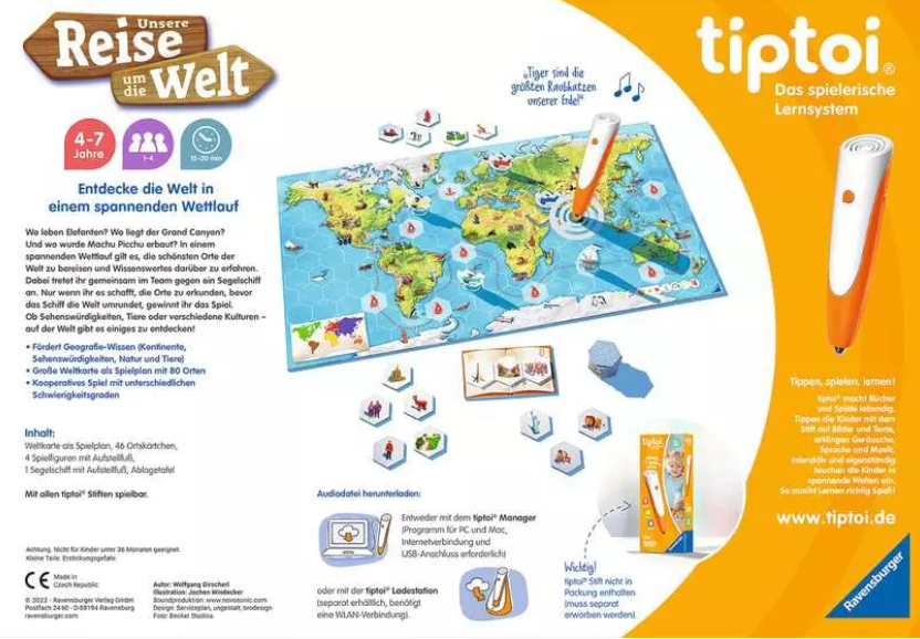 Tiptoi Lernspiel Unsere Reise um die Welt mit Weltkarte, Spielfiguren und interaktivem Stift auf gelbem Hintergrund.
