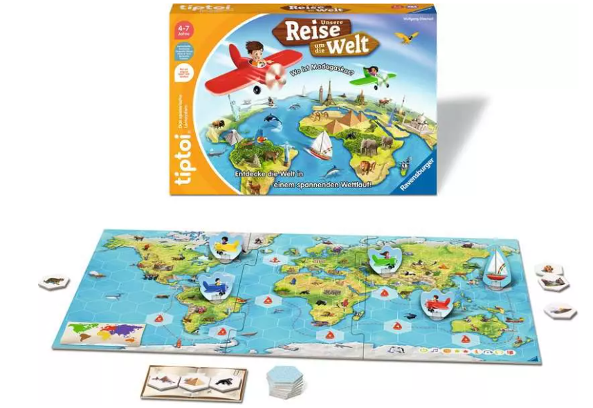 Ravensburger Tiptoi Brettspielkarton und Weltkarten-Layout mit Spielfiguren.