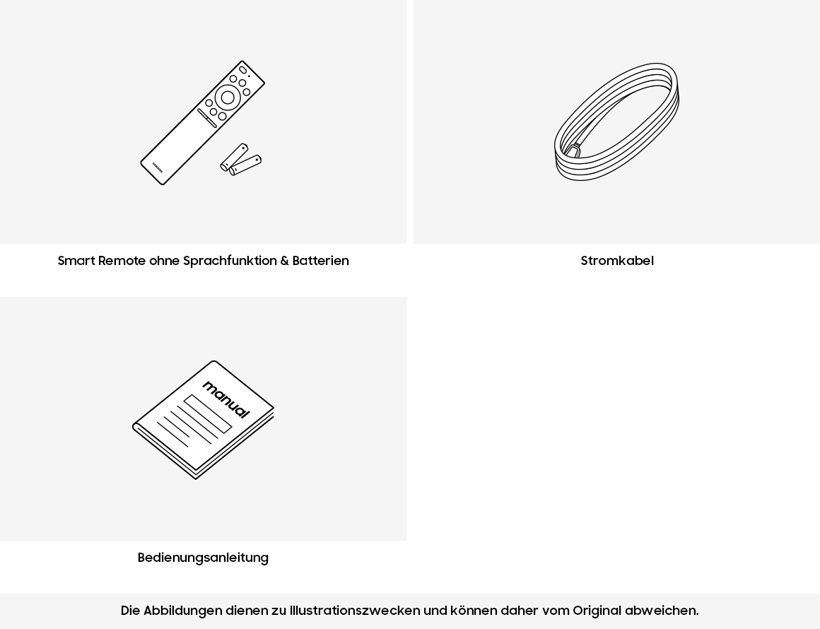 Strichzeichnungen einer Fernbedienung mit Batterien, einem Stromkabel und einer Bedienungsanleitung.