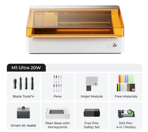 M1 Ultra 20W Laser- und Klingenmaschine mit Zubehör wie Stiften, Air Assist, Riser Base und Drehachse.