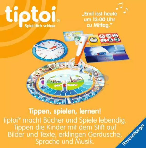 Tiptoi Lernspiel mit orangem Stift und bunten Spielmaterialien auf orangefarbenem Hintergrund.
