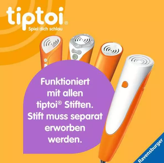 Vier verschiedene orange-weiße Tiptoi-Stifte vor gelbem Hintergrund mit Text.