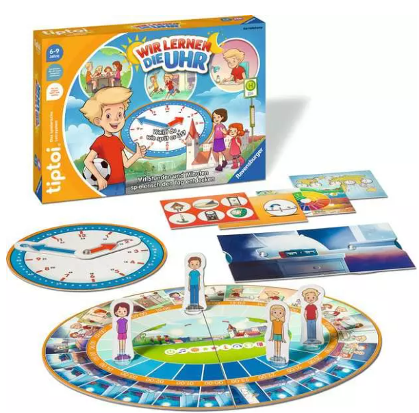 Ravensburger Tiptoi Lernspiel 'Wir lernen die Uhr' mit Schachtel, Spielbrett, Figuren und Uhrenscheibe.