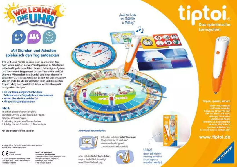 Tiptoi-Lernspiel Wir lernen die Uhr mit Brettspiel, Uhr und Stift.