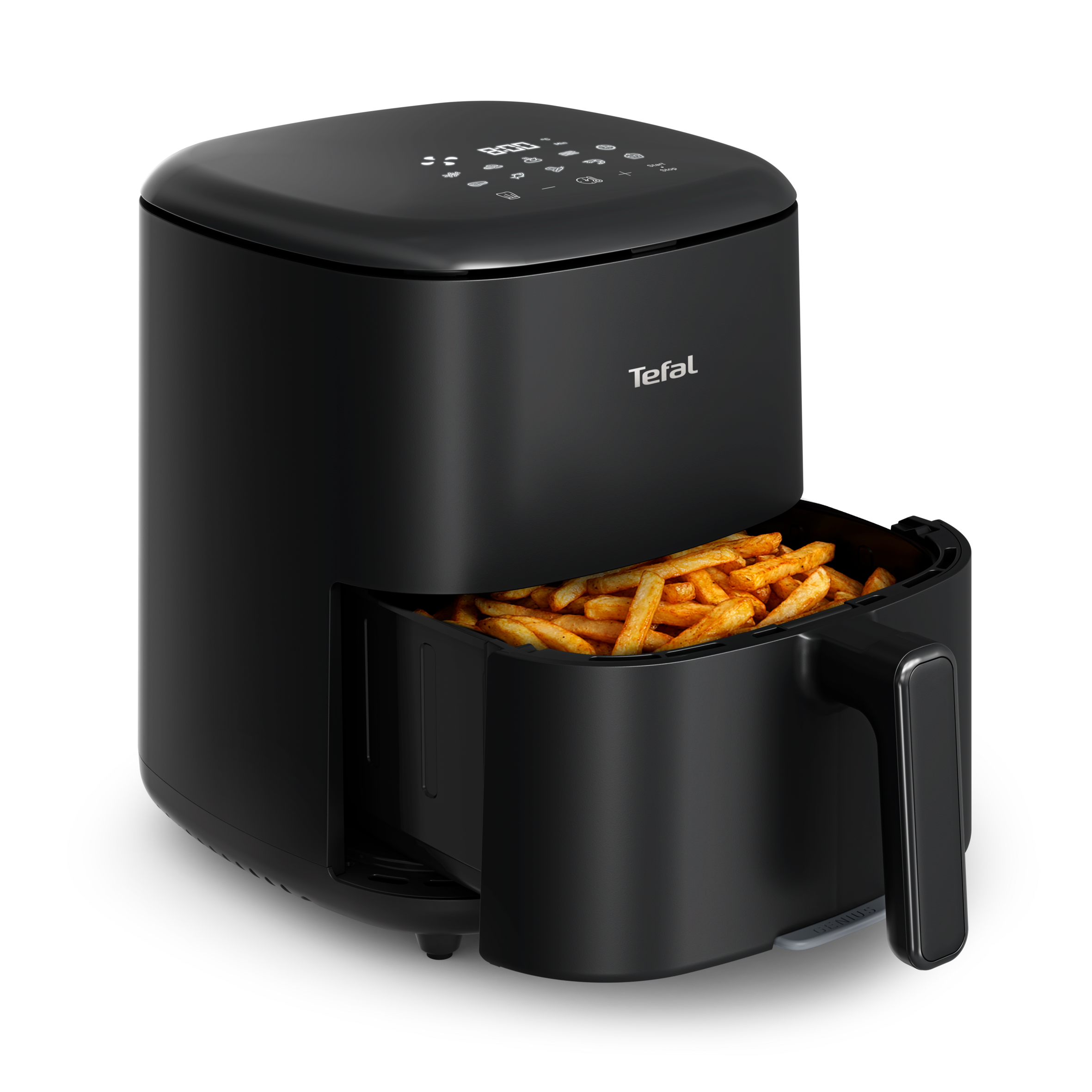 Fekete Tefal légsütő kihúzott, aranyló sült krumplival teli kosárral, fekete háttér előtt.