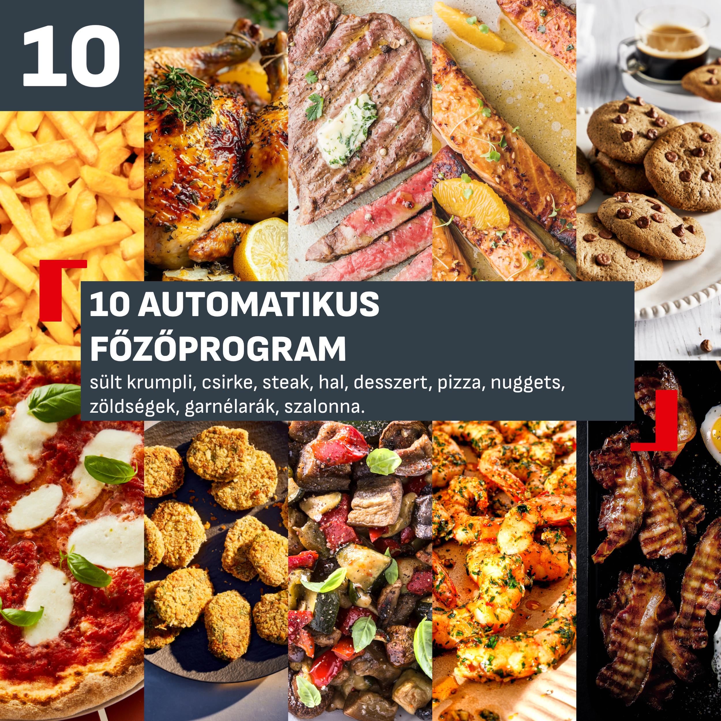 Tíz különböző ételt, például pizzát, steaket, csirkét és sütit ábrázoló kollázs magyar szöveggel.