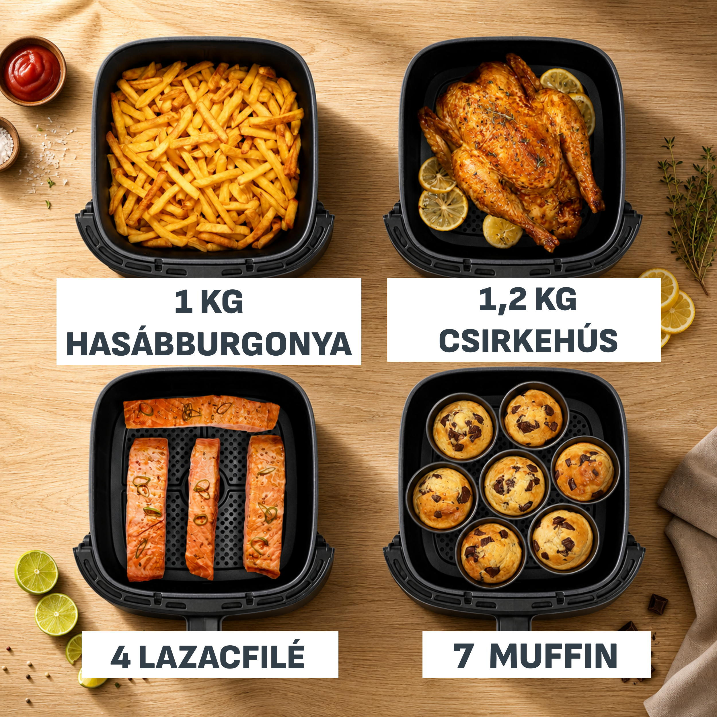 Négy kosaras légsütő sült krumplival, egész csirkével, lazaccal és muffinnal.