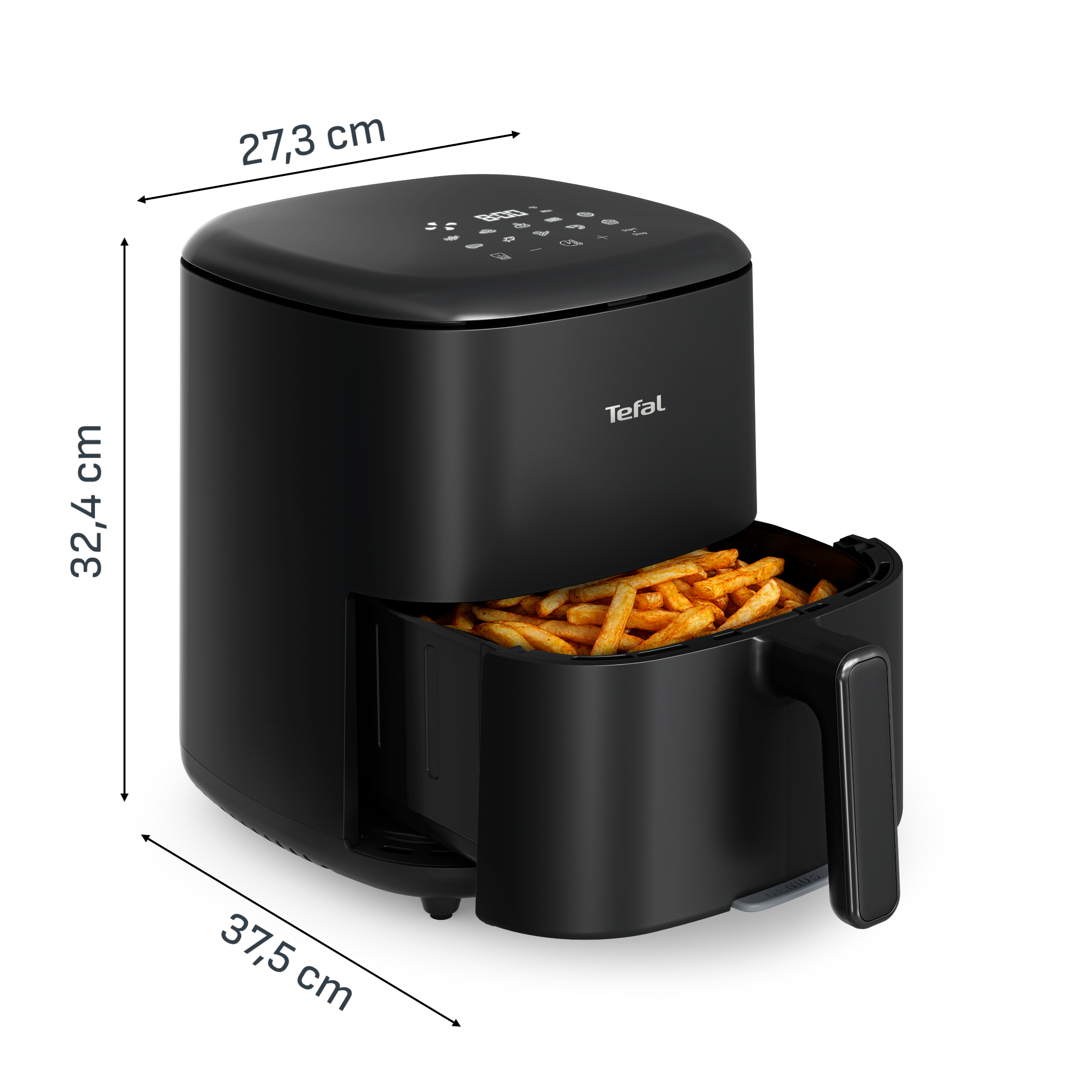 Fekete Tefal légsütő méretekkel és sült krumplival teli kosárral.