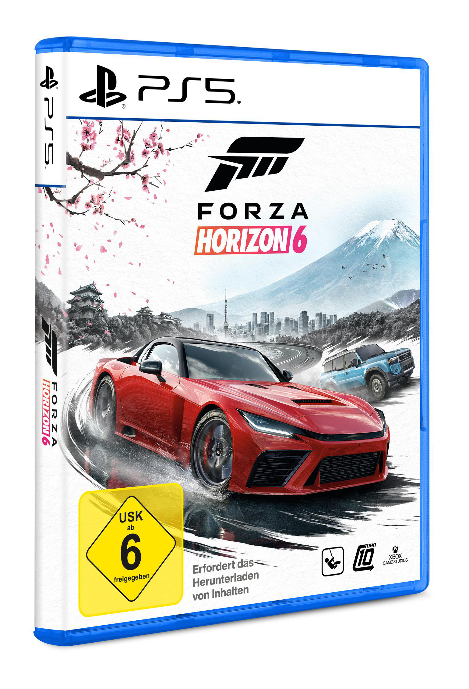PS5-Spielverpackung von Forza Horizon 6 mit rotem Auto, blauem SUV und Bergkulisse.