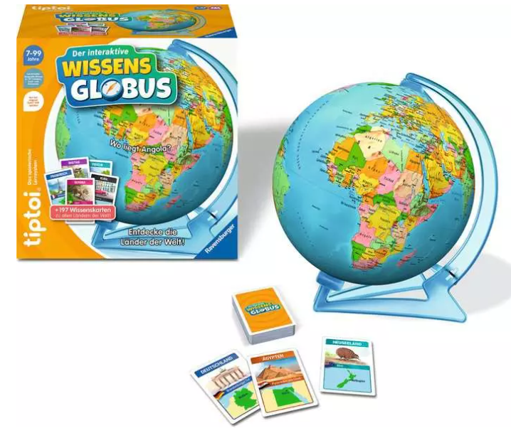 Ein interaktiver Globus mit Verpackung, Ständer und Wissenskarten auf weißem Hintergrund.