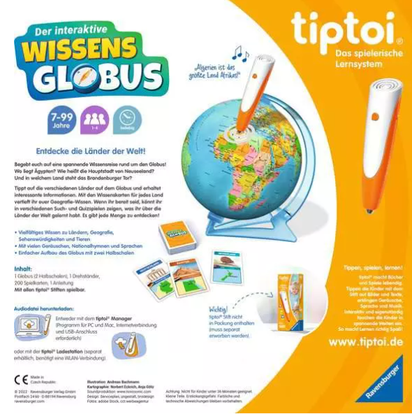 Tiptoi interaktiver Globus mit Stift, Karten und deutscher Verpackung.