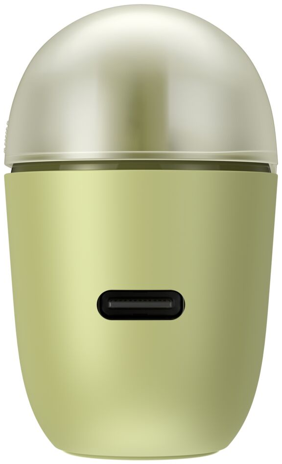 Un appareil électronique arrondi vert olive doté d'un couvercle en dôme et d'un port USB-C.